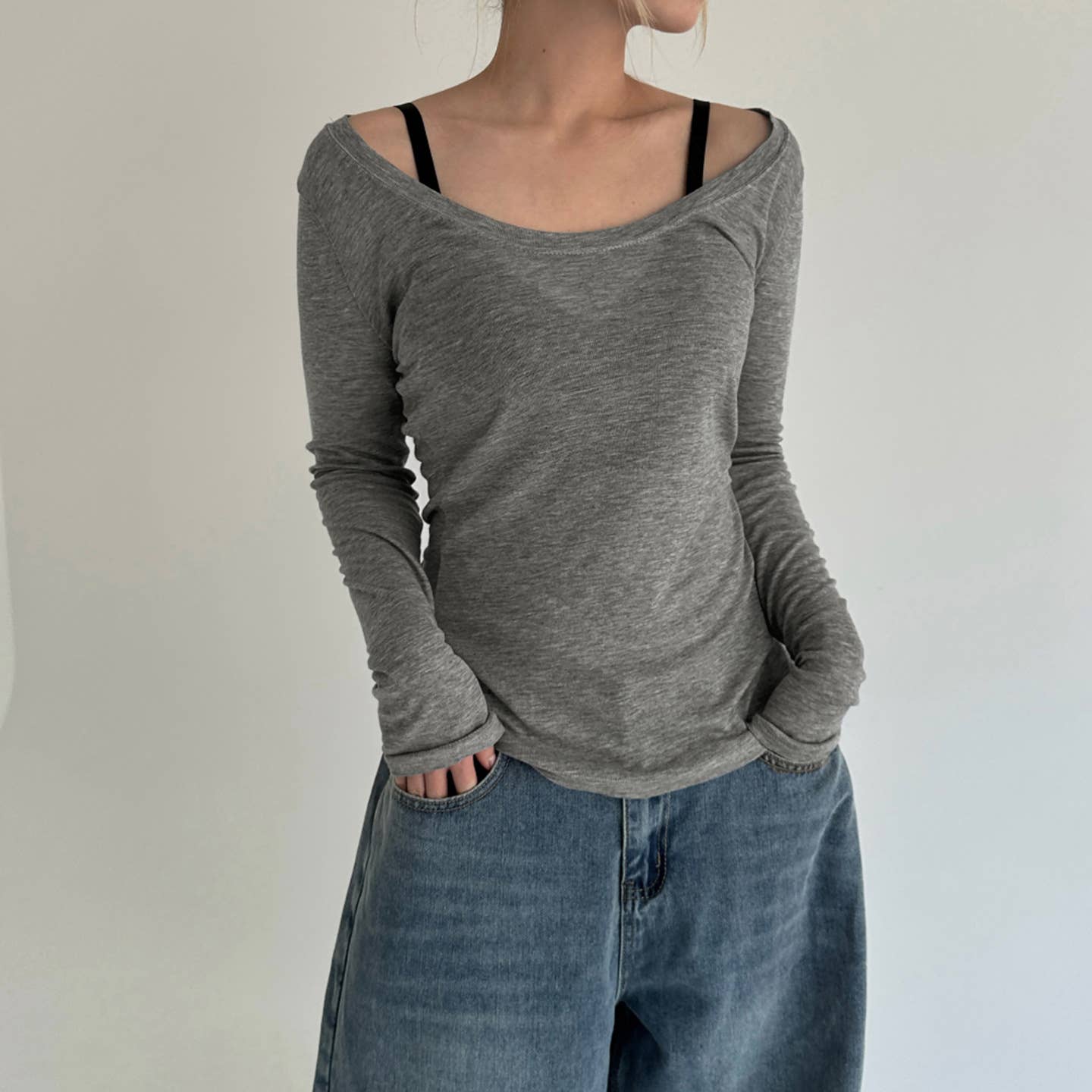 Simple long-sleeved semi-transparent blouse