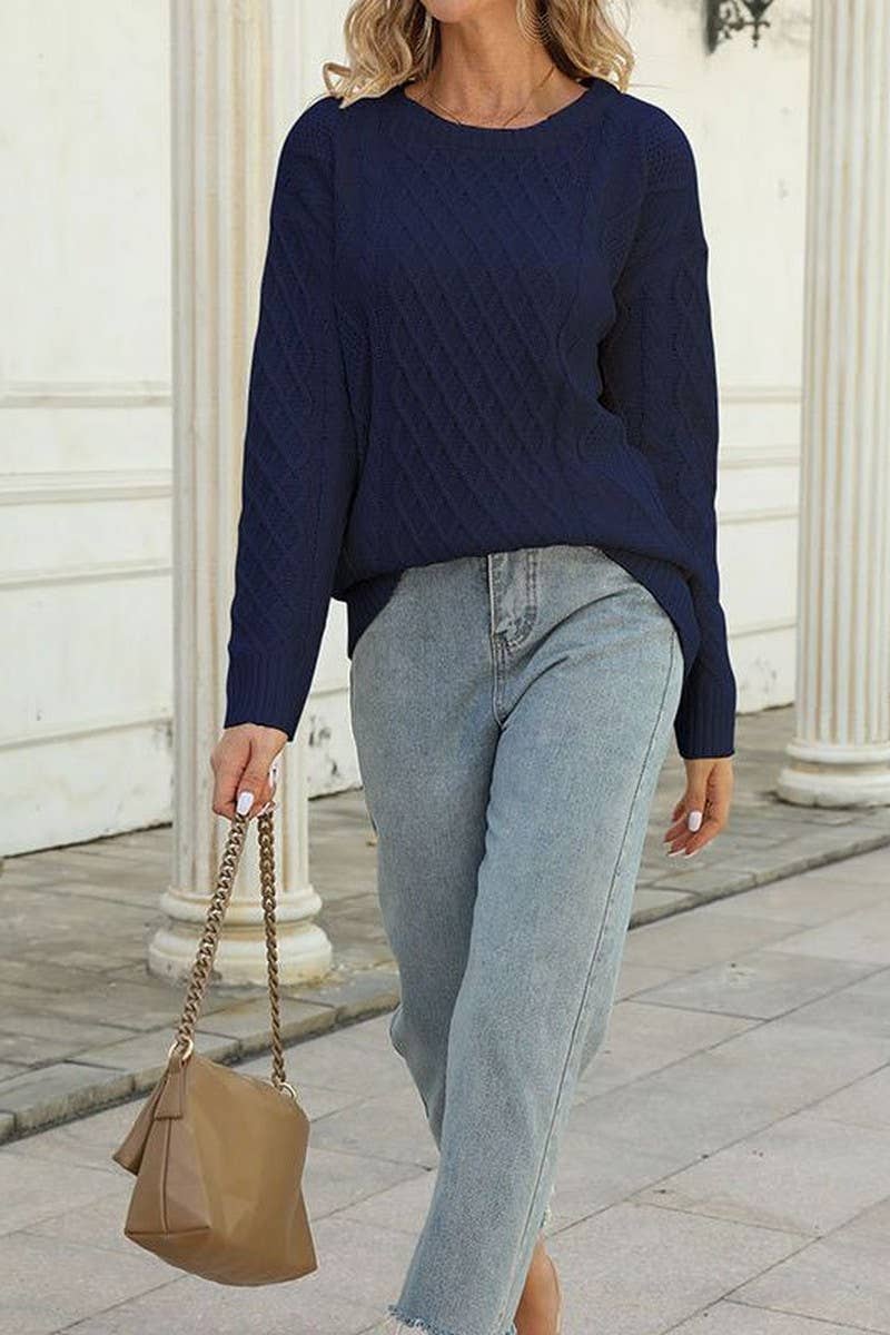 Stylish crew neck loose pullover with button cord