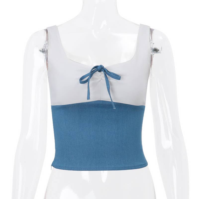 U-neck low-cut color-blocked short halter top