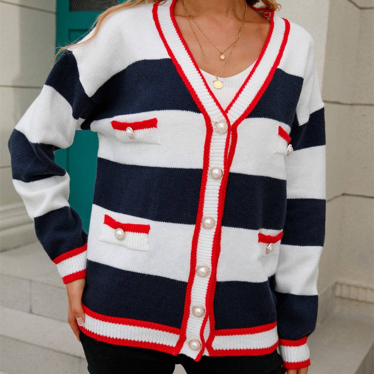 V-neck patchwork loose knit cardigan