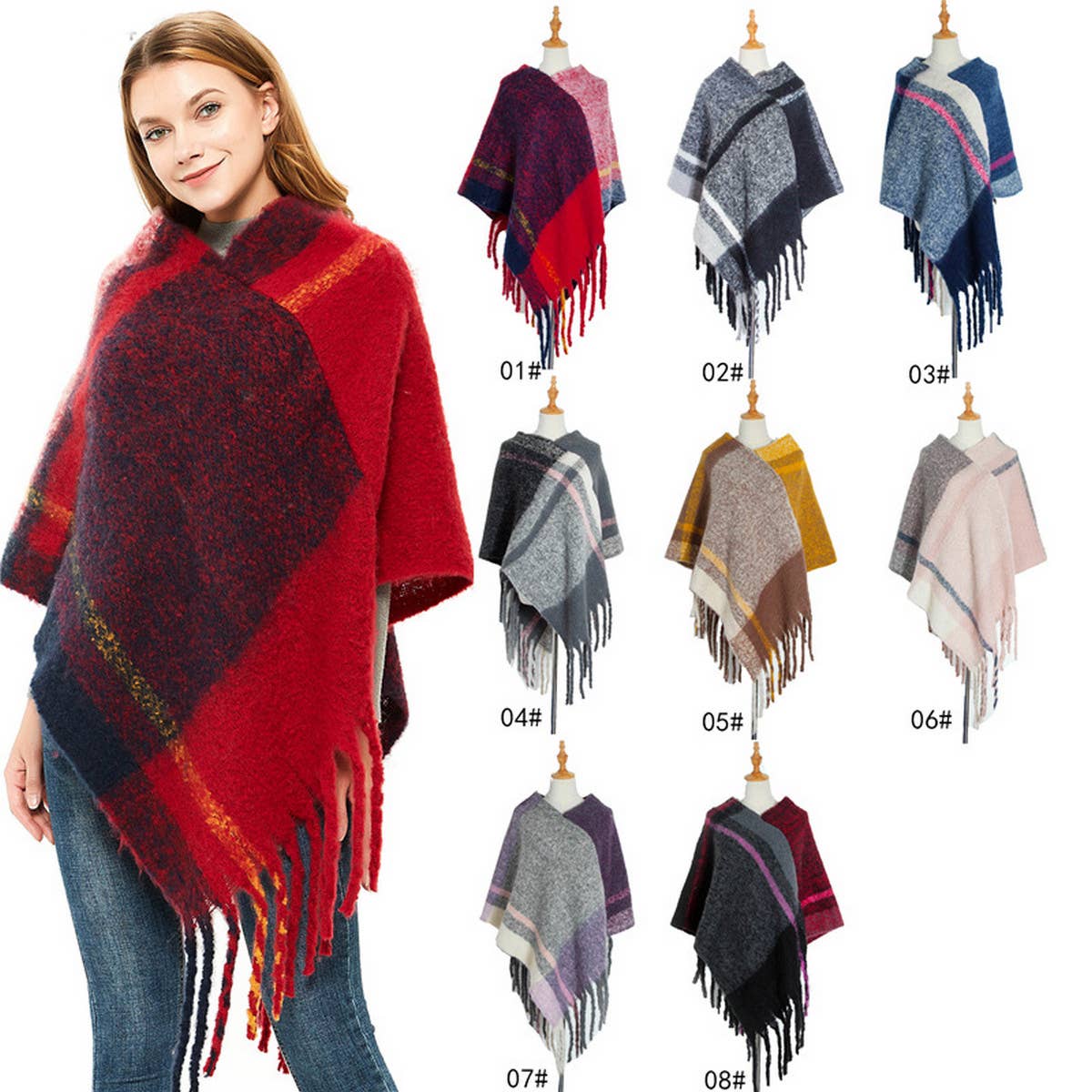 THICK TASSEL COLOR MATCHING PULLOVER CAPE SHAWL