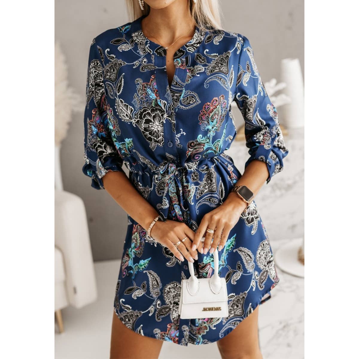 Printed V-neck button-down drawstring dress