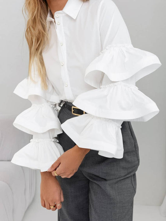 SOLID COLOR RUFFLED SHIRT WITH FRENCH DESIGN