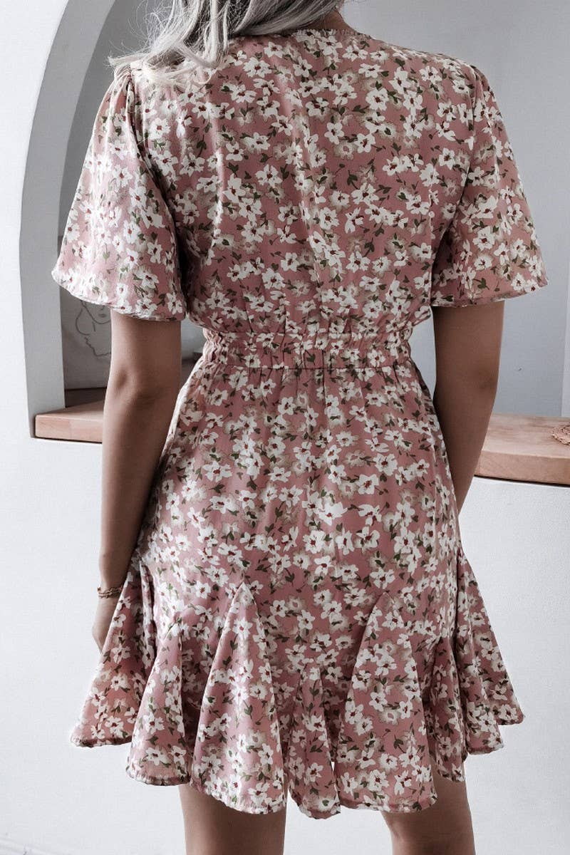 SHORT SLEEVE V NECK FLORAL RUFFLE DRESS_CWDSD2501