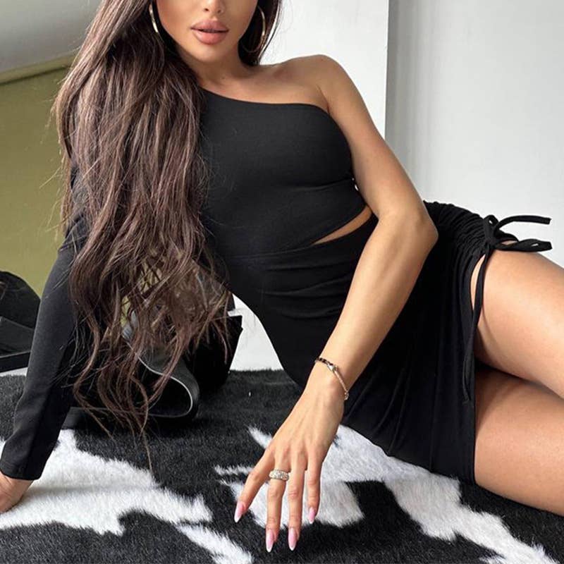 One Shoulder Crop Top and Ruched Skirt Set