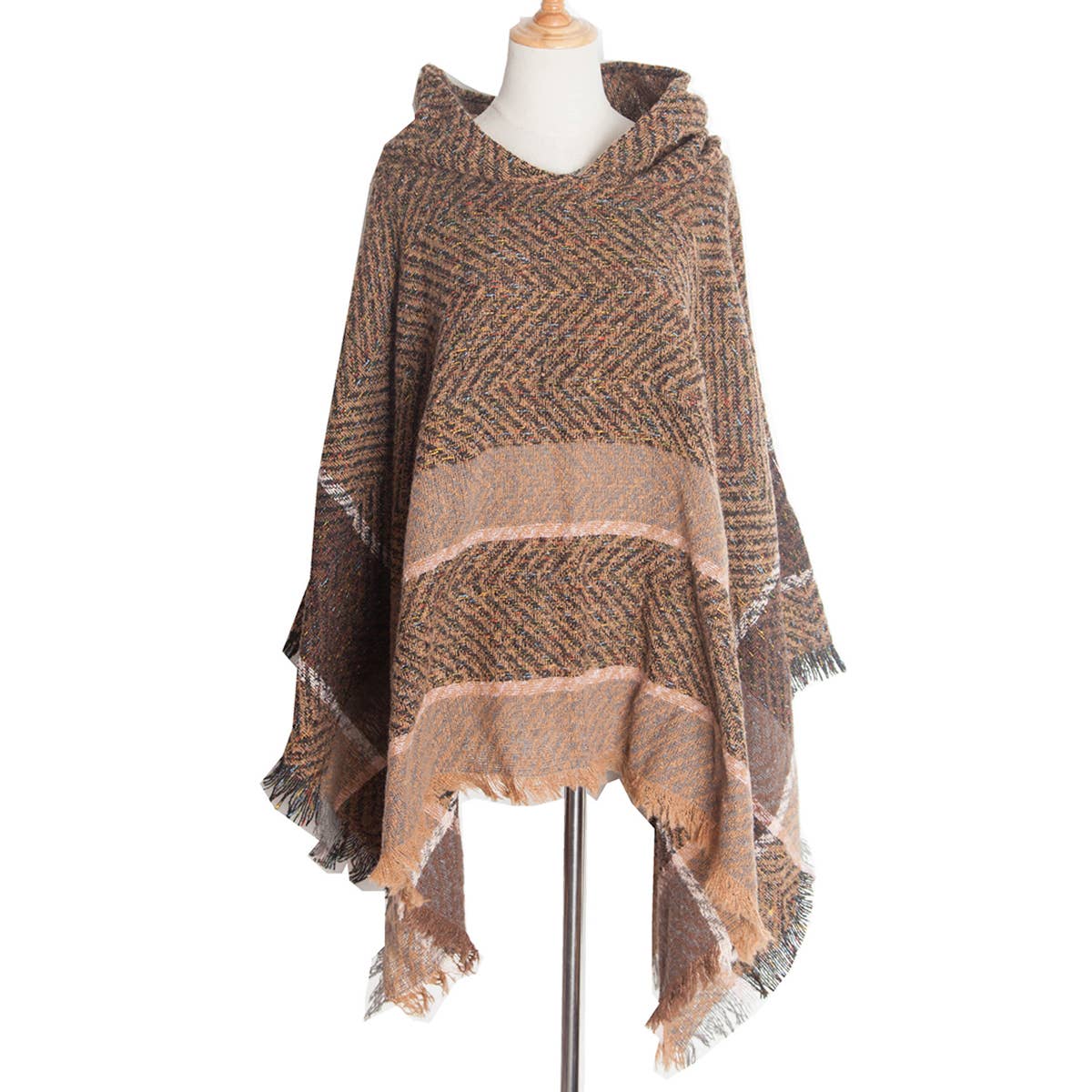 WOMEN HERRINGBONE PATTERN HOODED SHAWL