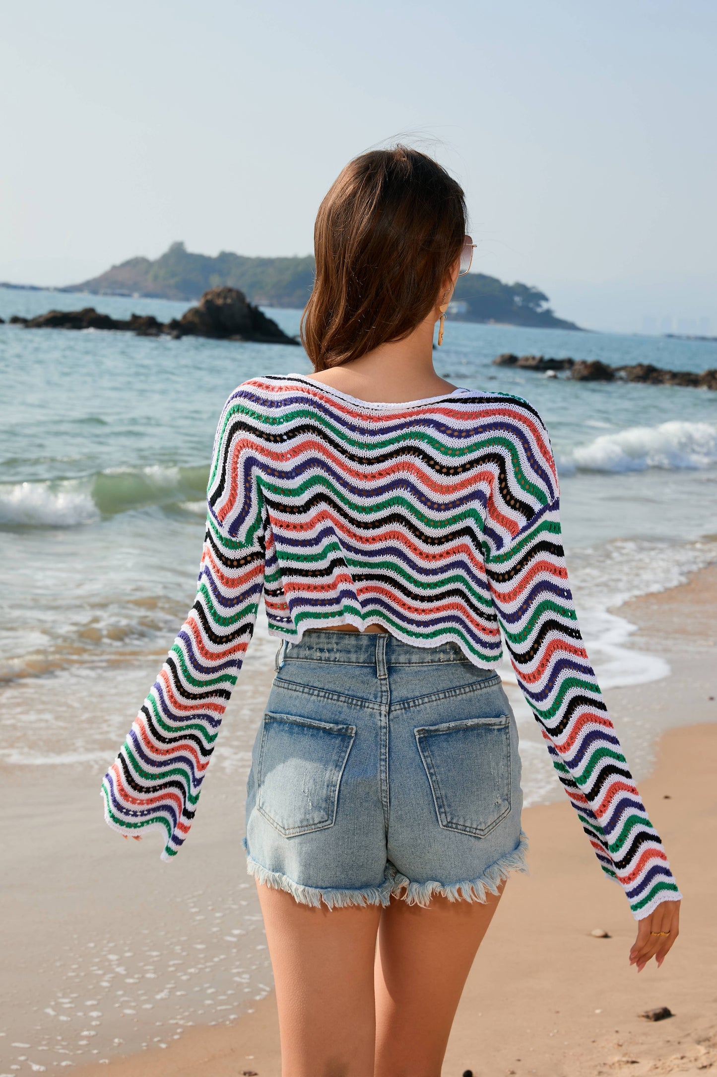 Color-Blocked Stripe Round Neck Bikini Cover-up