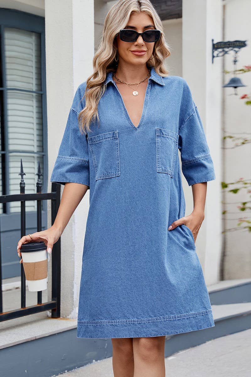 CWDSD10898_CASUAL WASHED V NECK SHORT SLEEVE DENIM DRESS