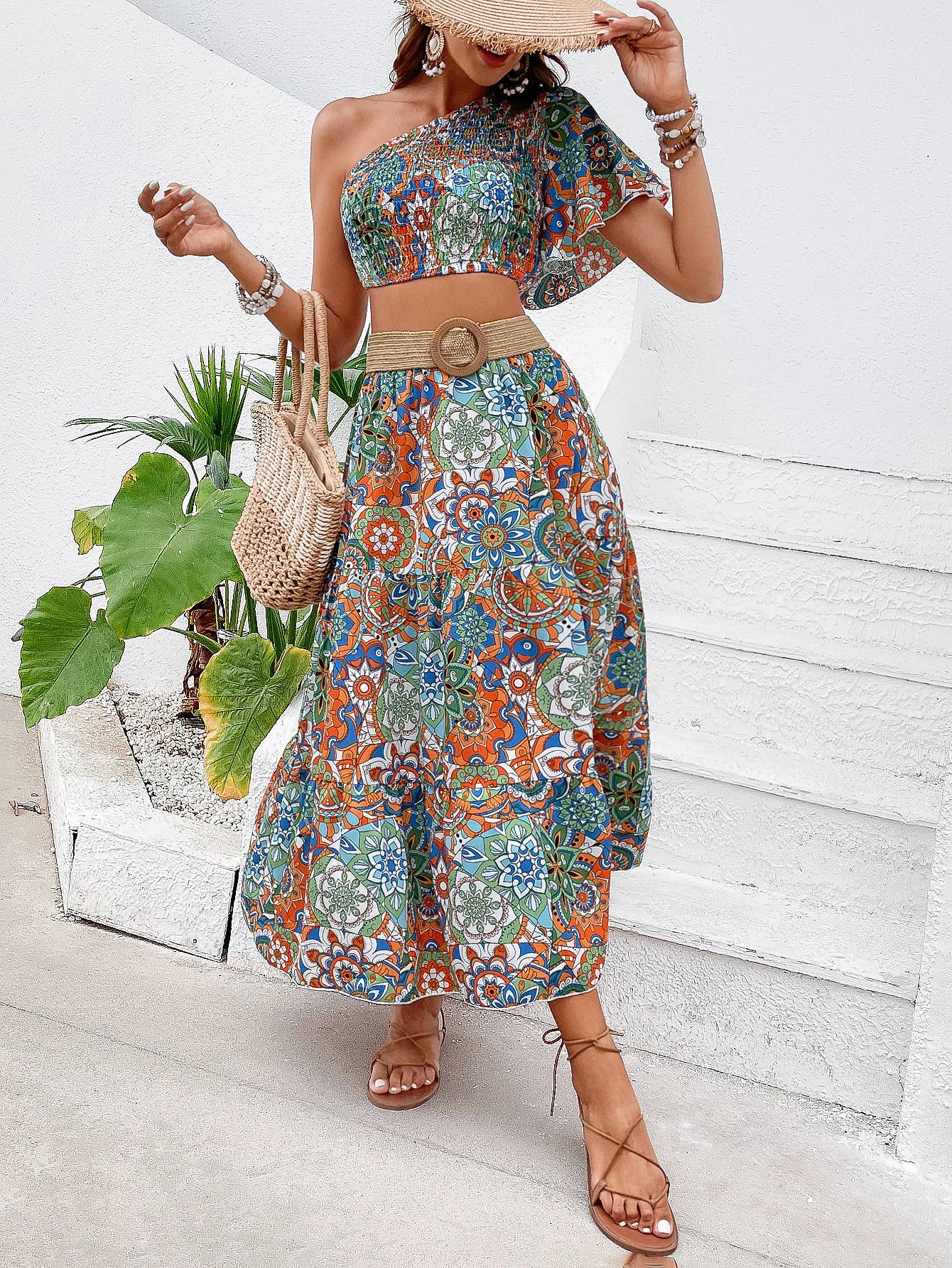 LONG BOHO DRESS WITH WAISTED AND SLOPING SHOULDER