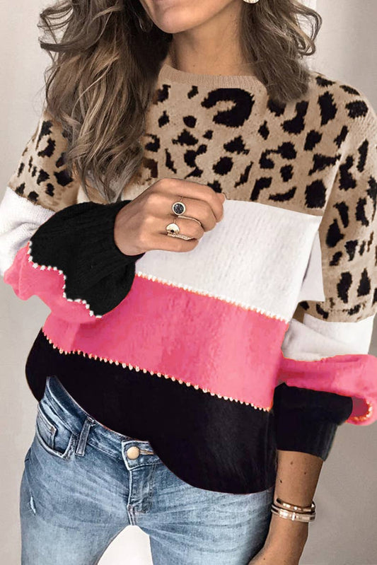 Cwoswl3154_Leopard Print Crew Neck Pullover Sweater
