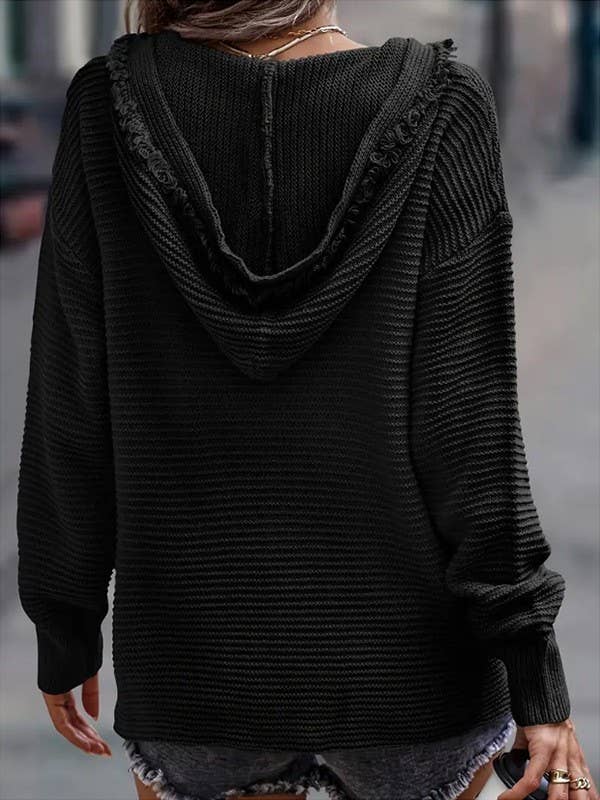 V-NECK LONG-SLEEVED KNIT HOODIE WITH RAW HEM