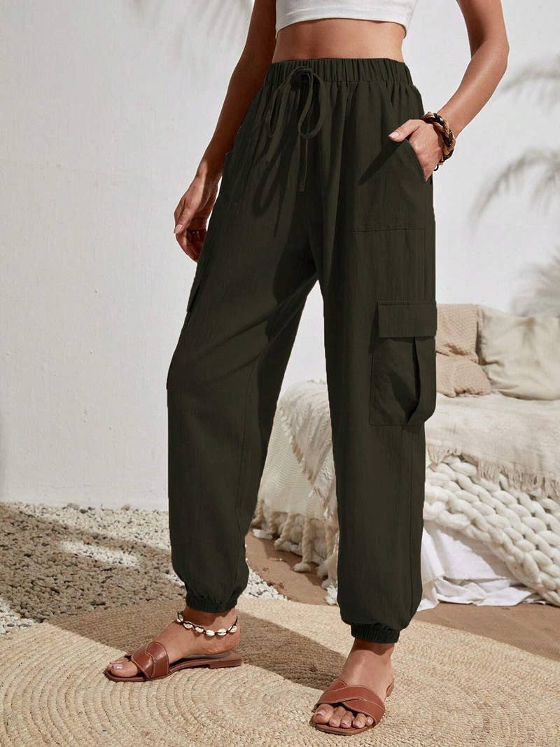 Wash water crepe pocket casual cargo pants
