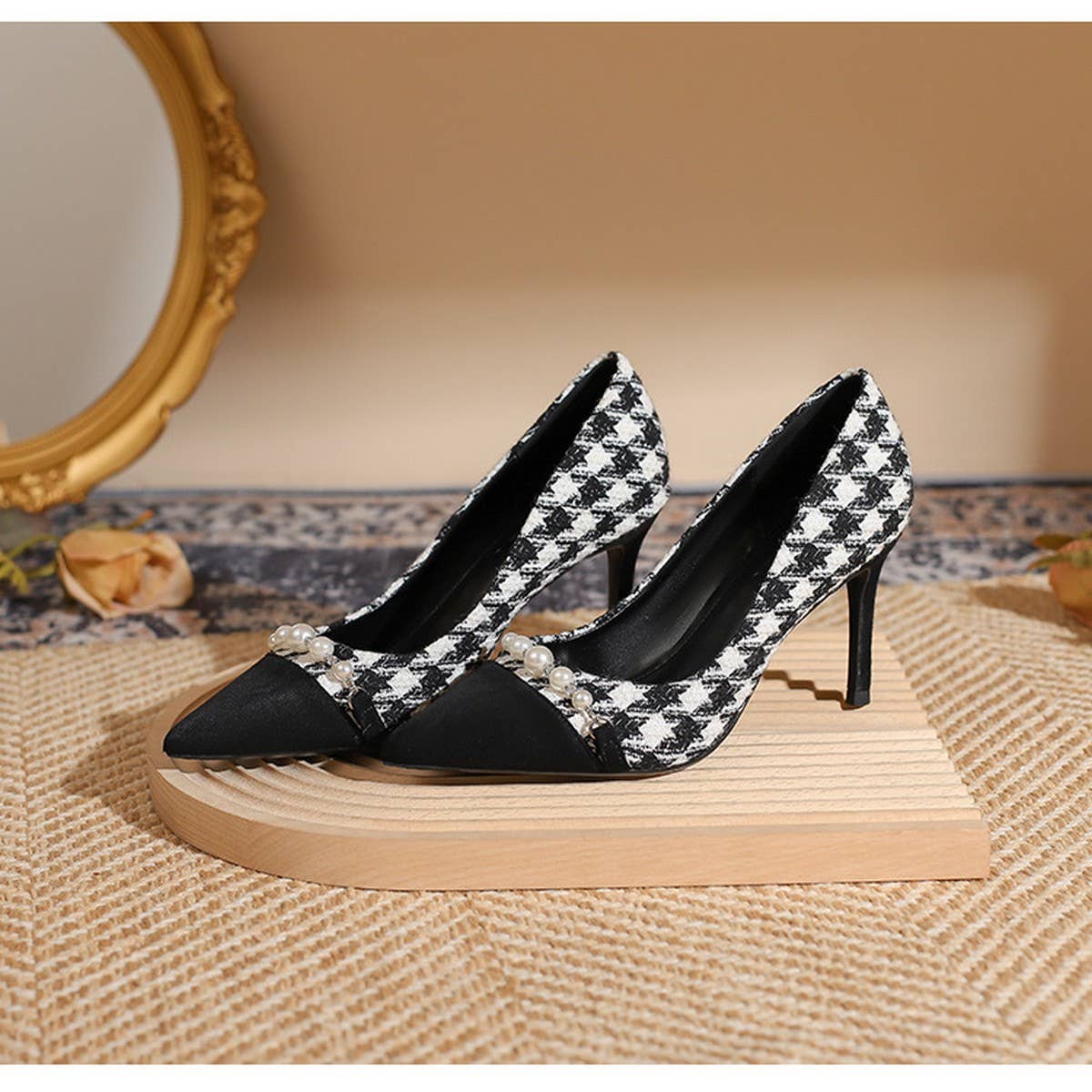 THOUSAND BIRD PLAID SLIM HEEL HIGH HEELS