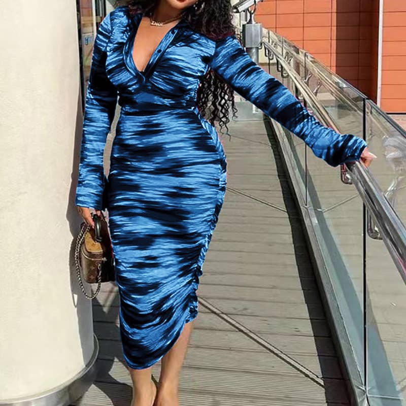 LAPEL SINGLE-BREASTED TIE-DYE SHEATH DRESS