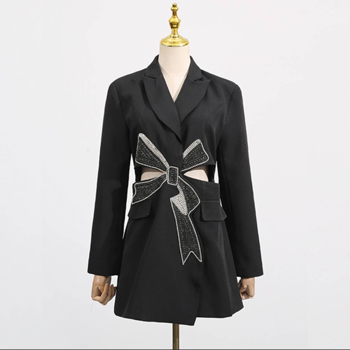 Elegant Beaded Bow Waist-Cut Blazer Jacket