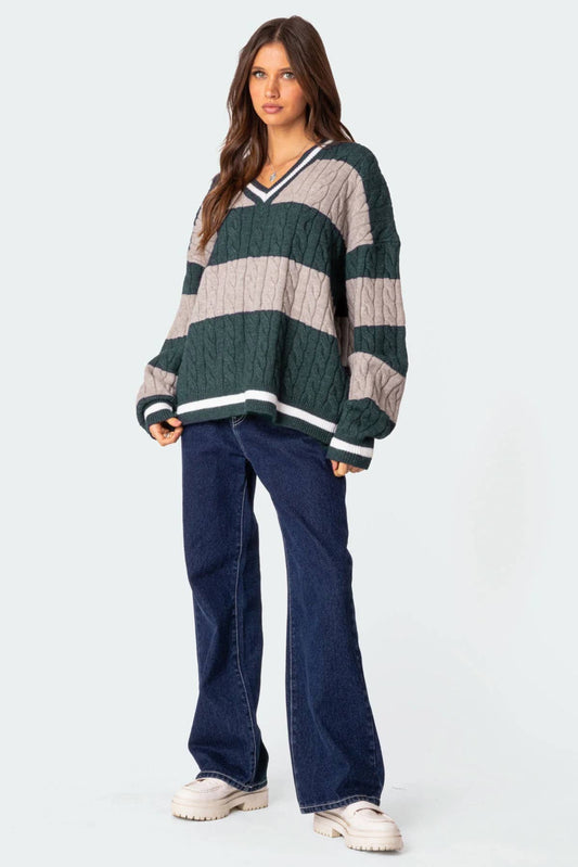V-neck striped color matching loose sweater