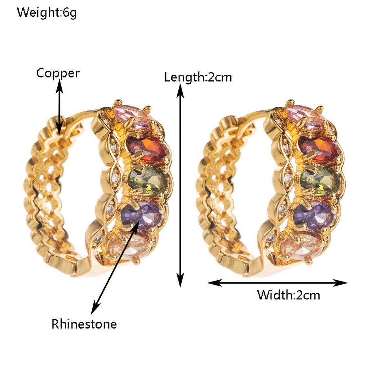 Hip Hop Colorful CZ Hoop Earrings Gold-Plated