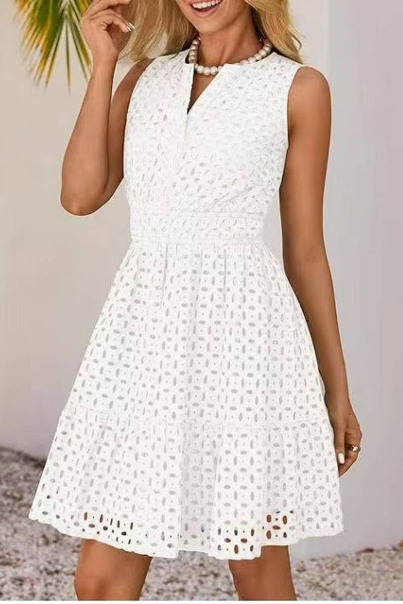 CWDSD8008_SUMMER V-NECK HOLLOW EYELET HIGH WAIST DRESS