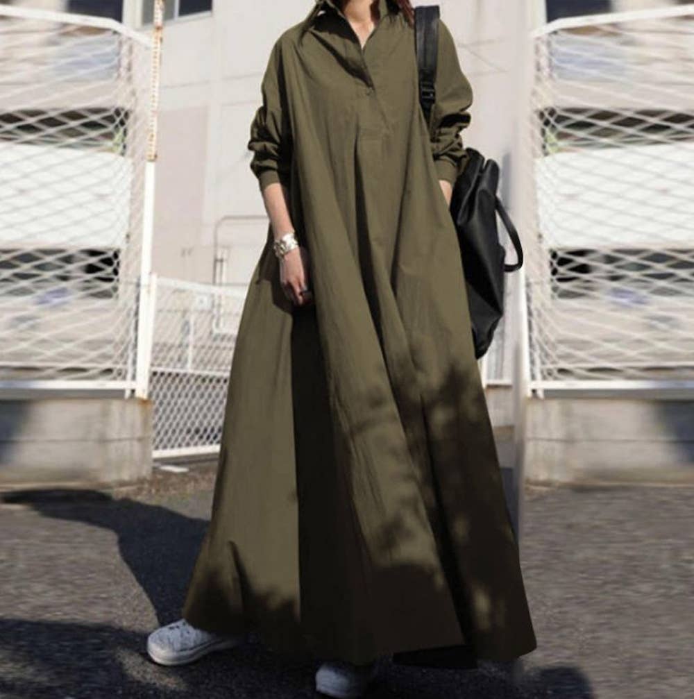 Retro long-sleeved lapel loose wide-hem dress