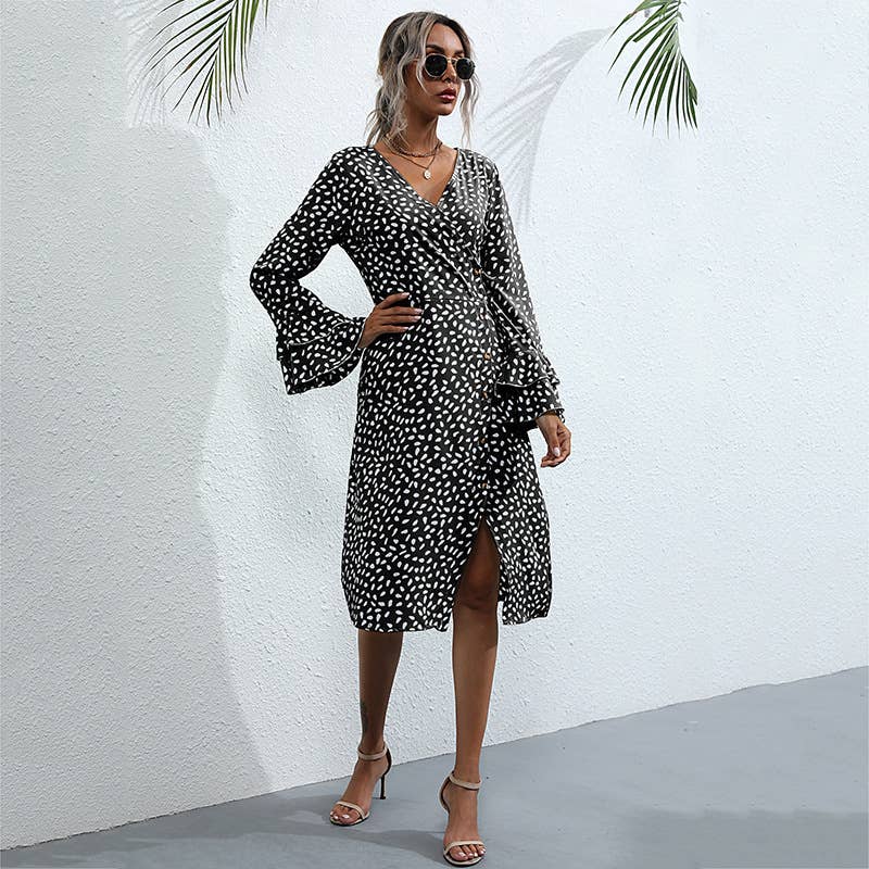 Slim print split long-sleeved French dress