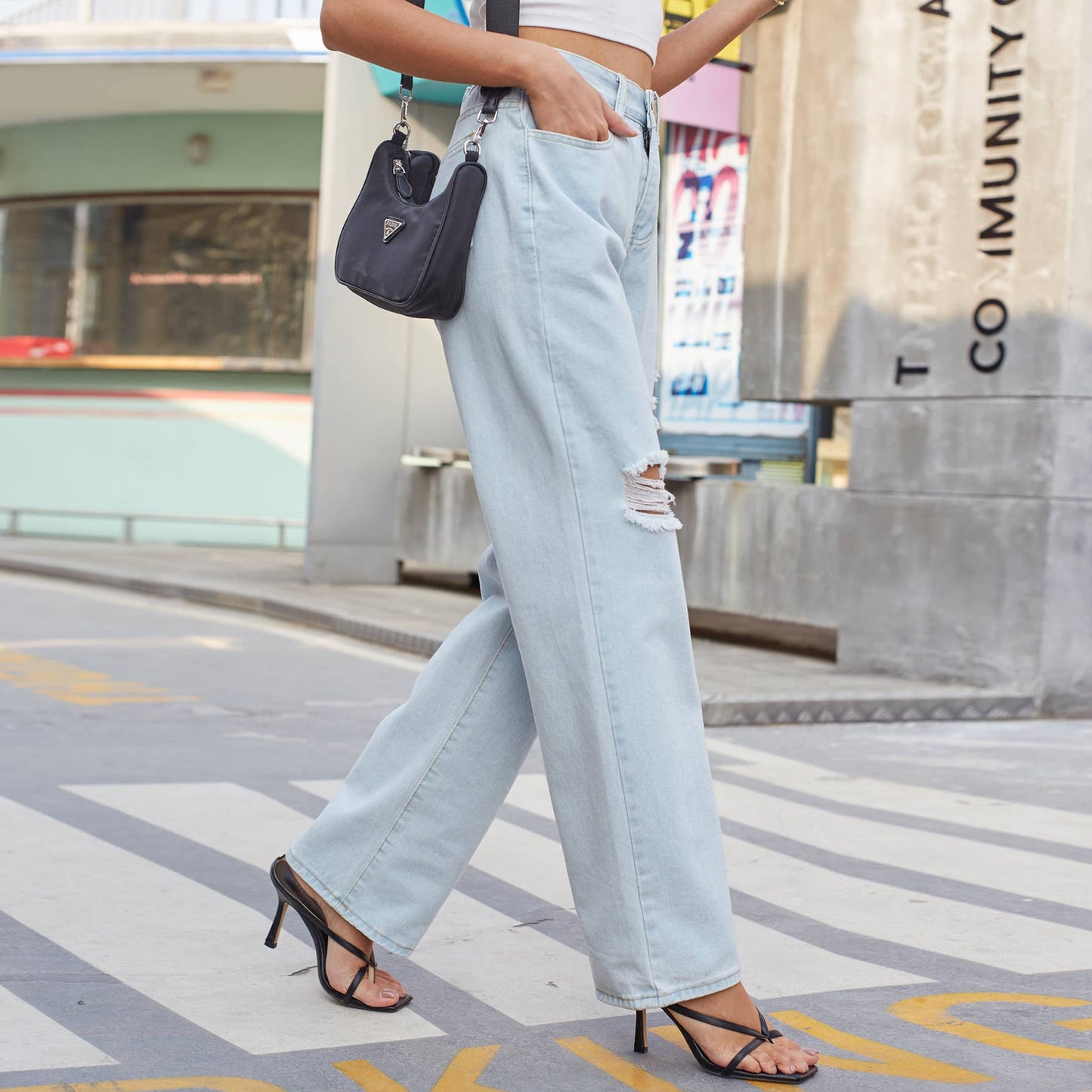 VINTAGE CASUAL RIPPED WASH DENIM PANTS