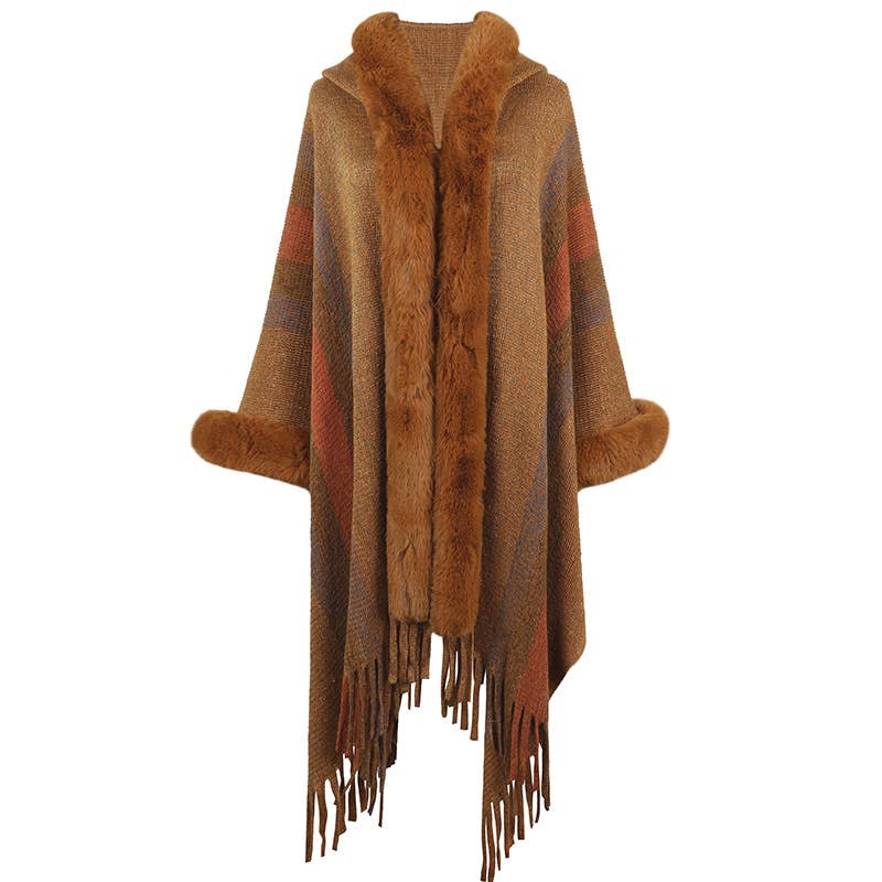 WOMEN'S HOODED CAPE STRIPED KNITTED FRINGE SHAWL