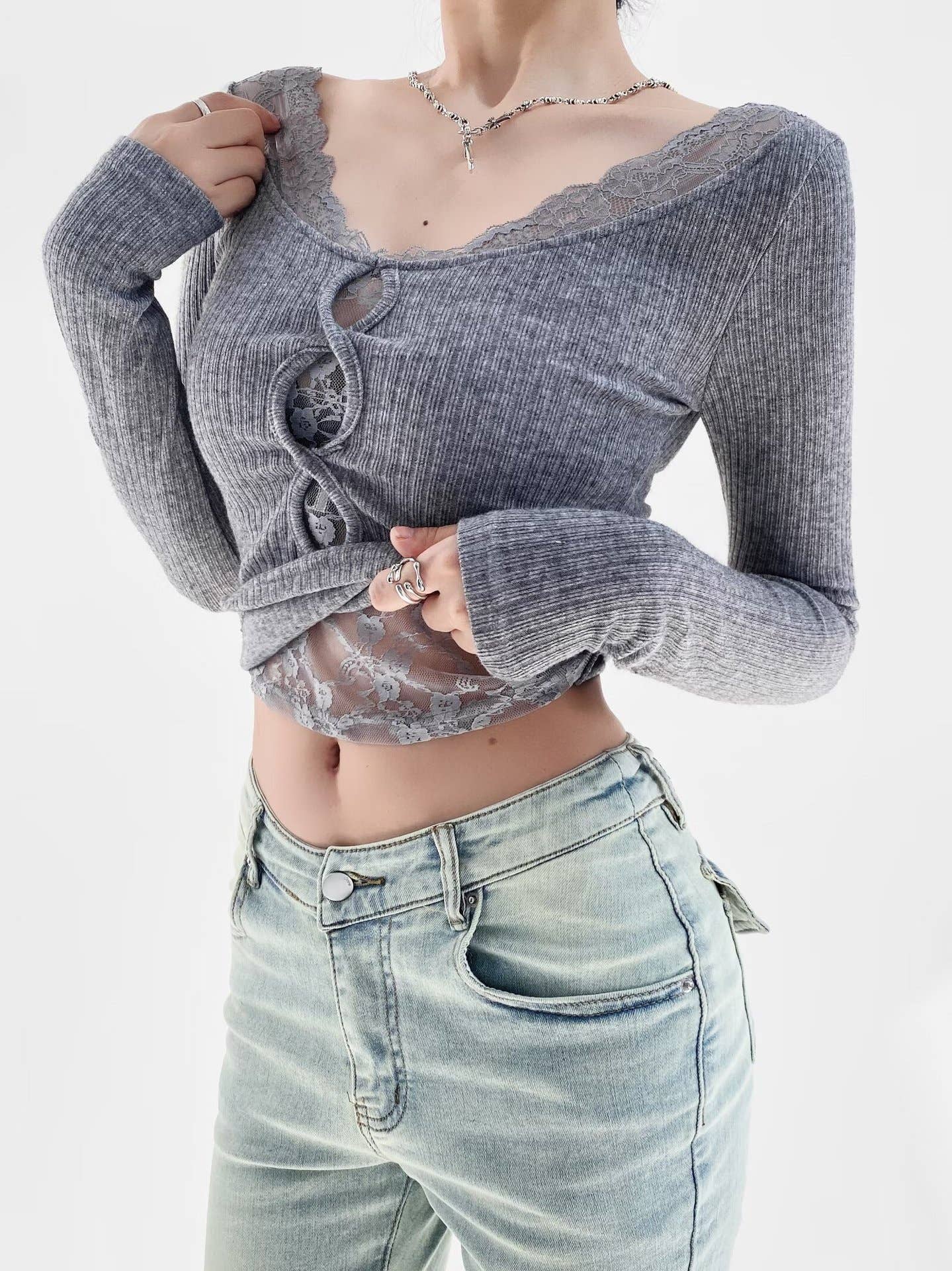 V-neck lace patchwork cutout long-sleeved Top