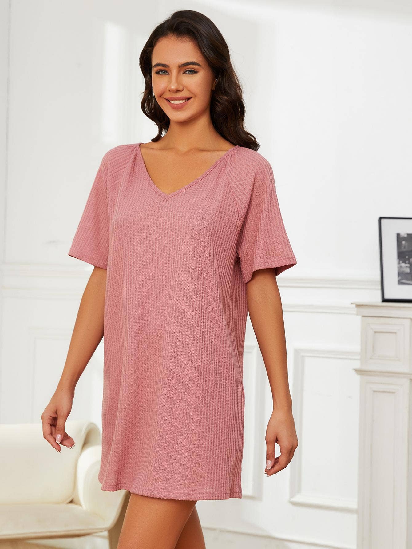 WAFFLE V-NECK SHORT-SLEEVED NIGHTDRESS
