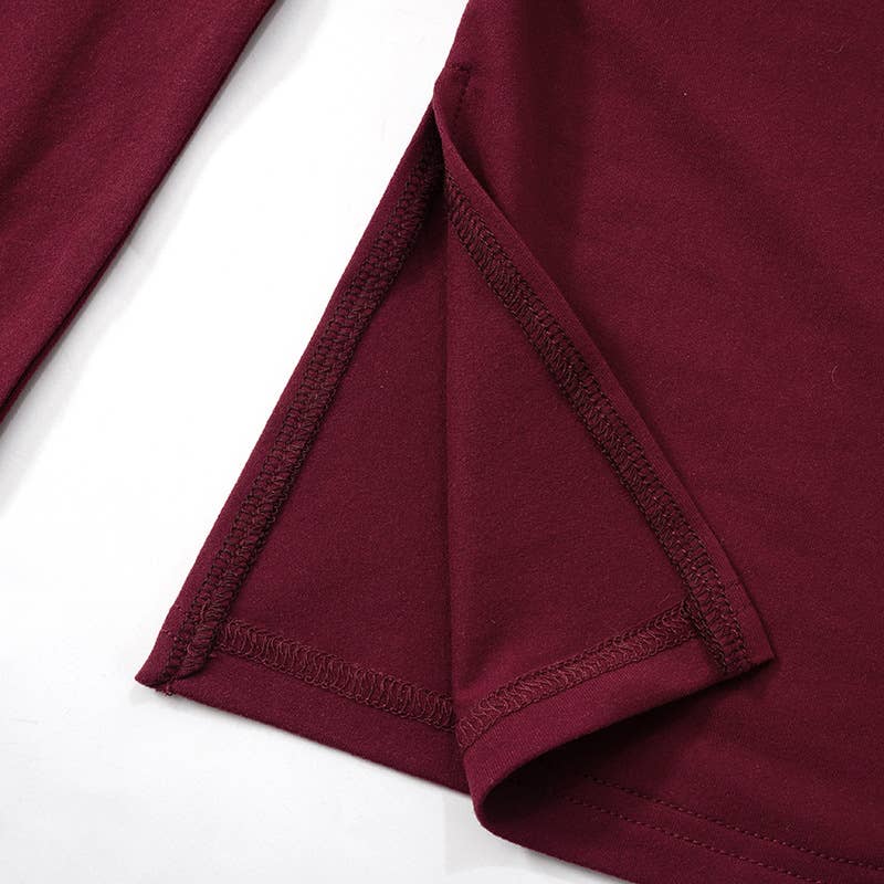 LINE NECK PLEATED SLIT SOLID COLOR T-SHIRT