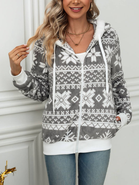 Hooded cardigan Christmas print fleece coat