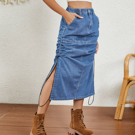 ELASTIC-WAISTED DRAWSTRING DENIM SKIRT