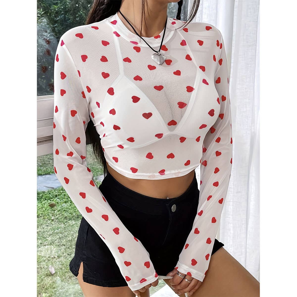 CUTE HEART PRINT MESH ROUND NECK LONG SLEEVE TOP