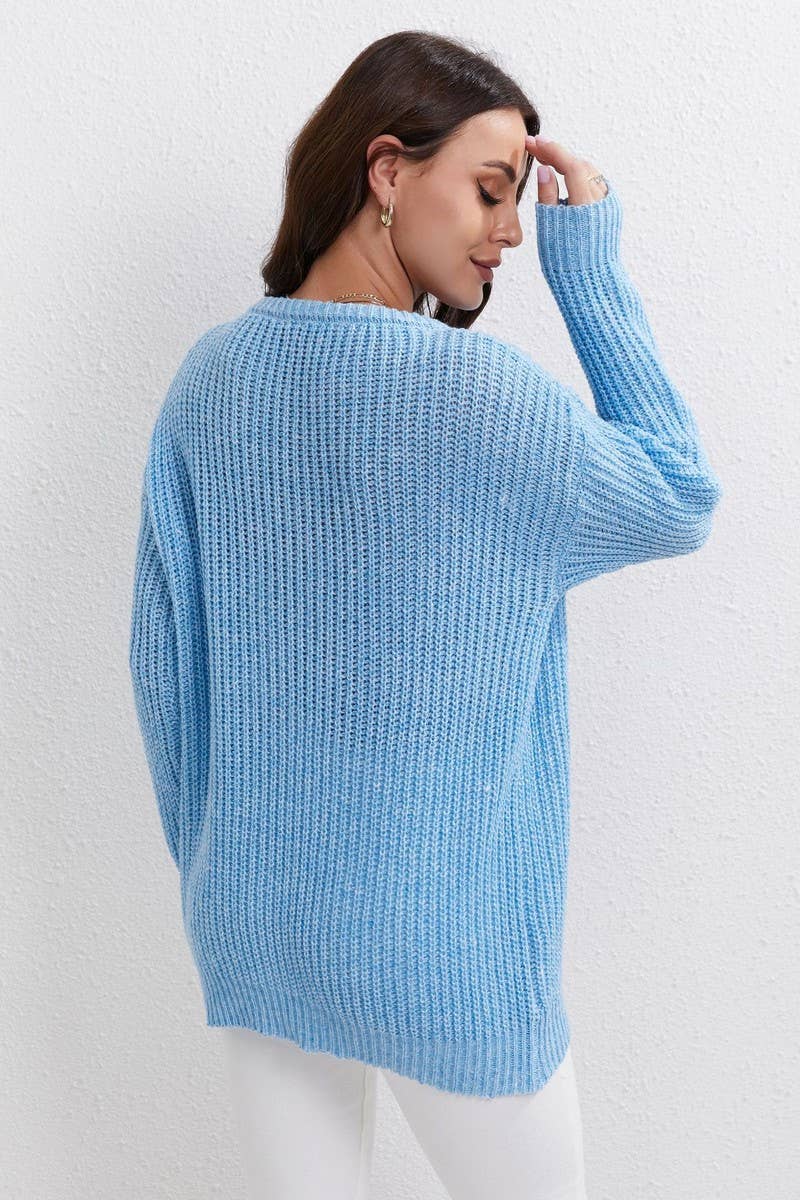 CWOSWL07669_SOLID COLOR ROUND NECK LOOSE PULLOVER SWEATER
