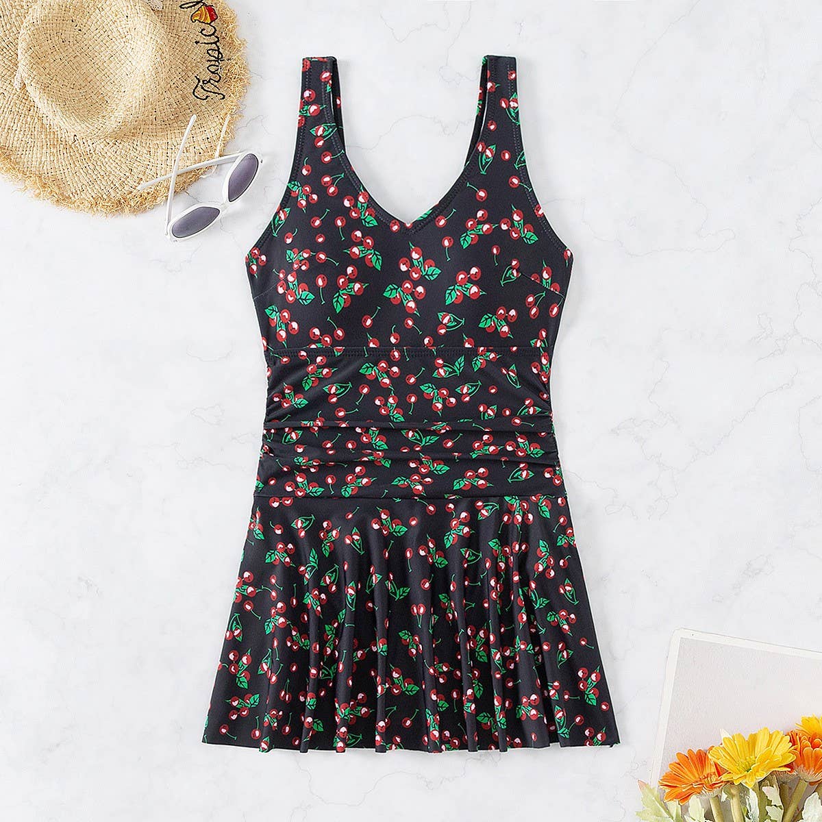 WOMEN'S PRINTED SUSPENDER SKIRT ONE-PIECE SWIMSUIT