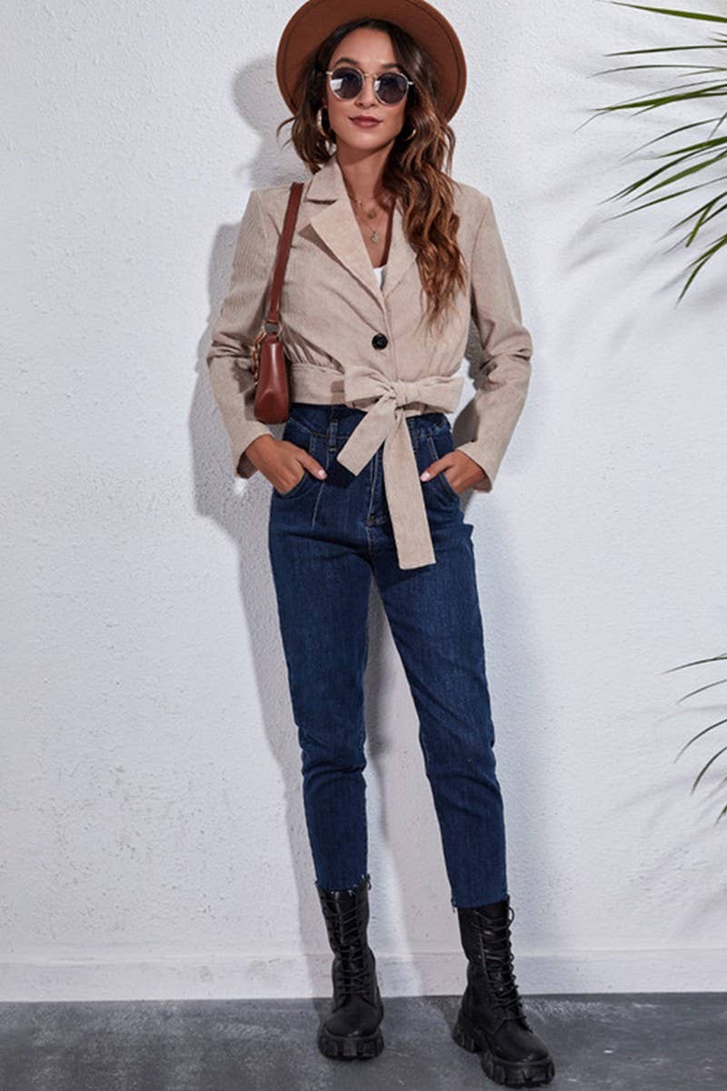 CWOCO0441_SOLID COLOR LAPEL COLLAR BELT SHORT COAT