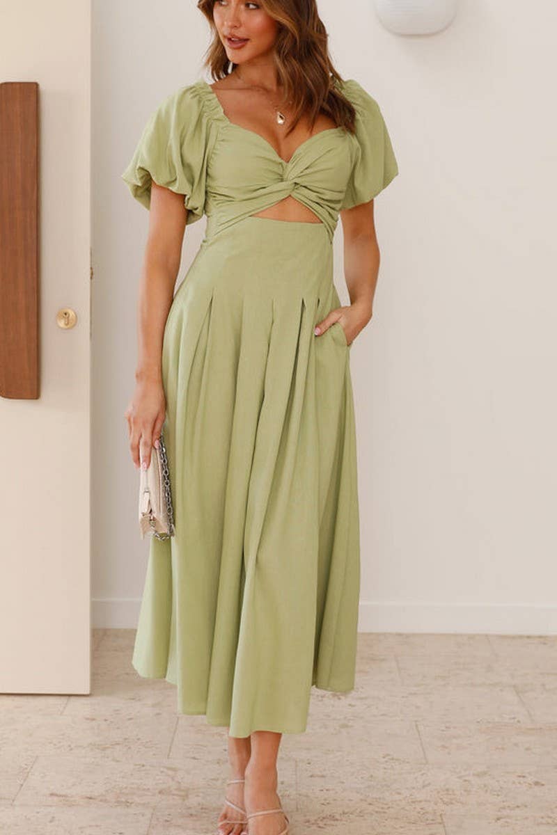 CWDMD5652_SOLID V-NECK LONG PUFF SLEEVE SLIM MAXI DRESS