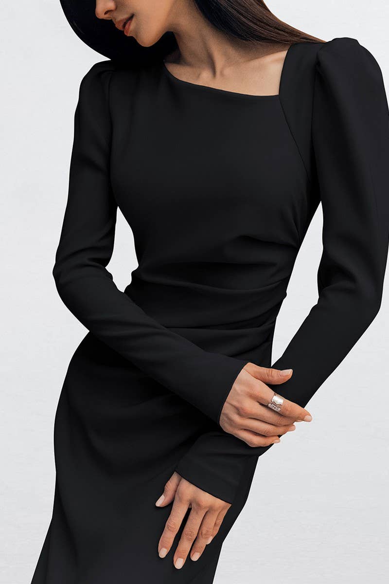 CWDMD6113_ASYMMETRIC NECK PUFF SLEEVE BODYCON SLIT DRESS
