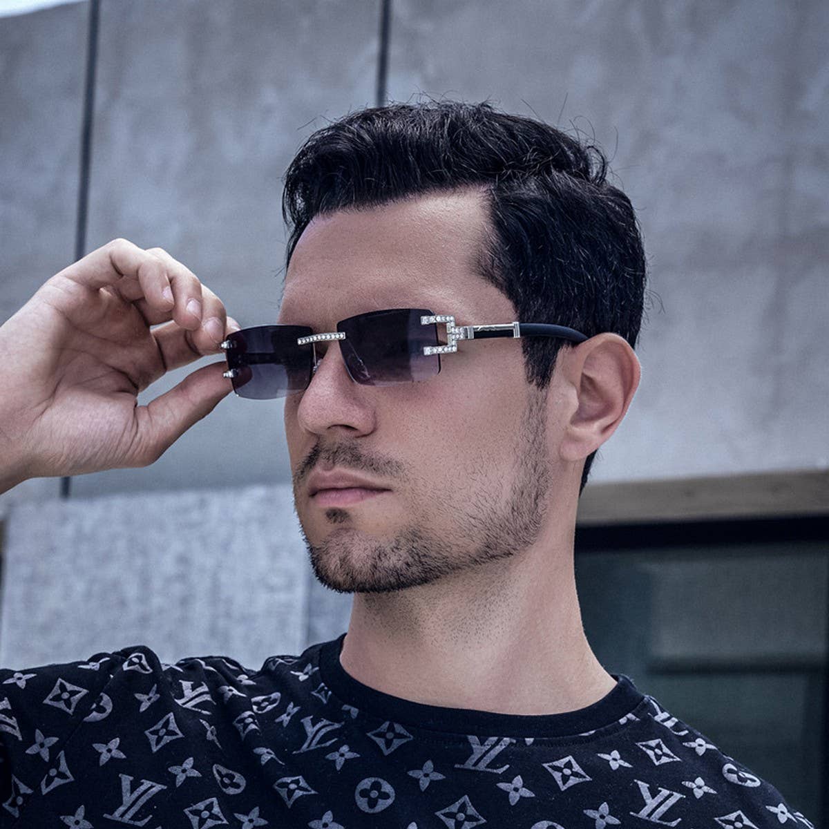 VINTAGE FAUX WOOD FRAMELESS DIAMOND SUNGLASSES