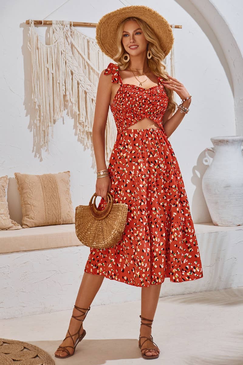 CWDHL0548_SUMMER PRINT HOLLOWED-OUT TIE HALTER DRESS