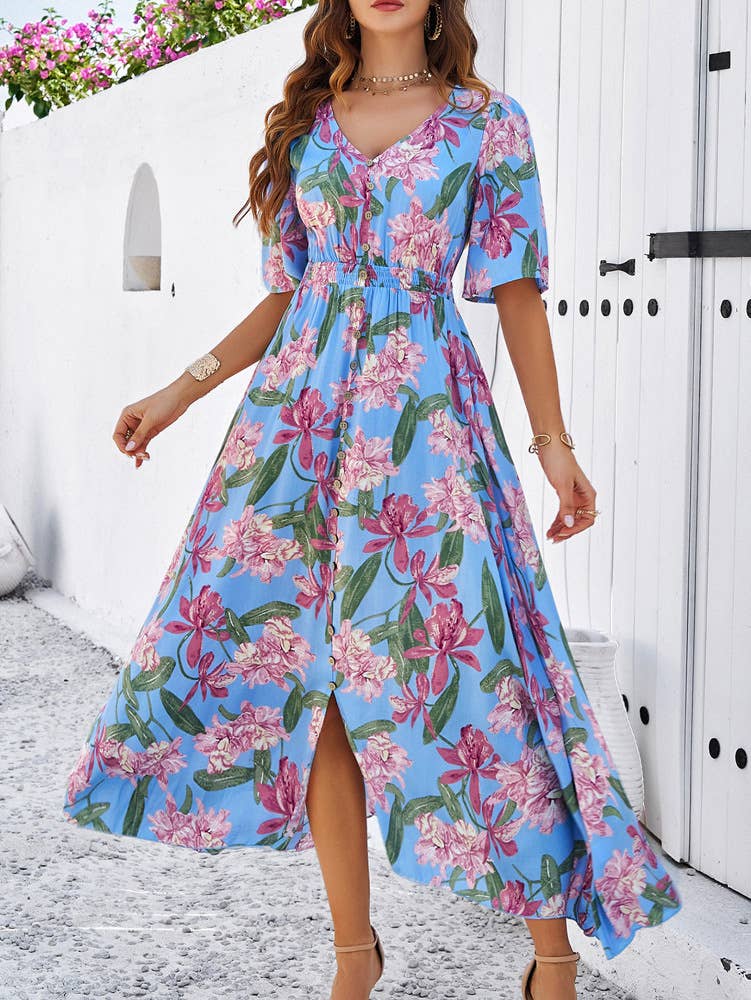 HOLIDAY STYLE CASUAL PRINT SLIT V-NECK DRESS