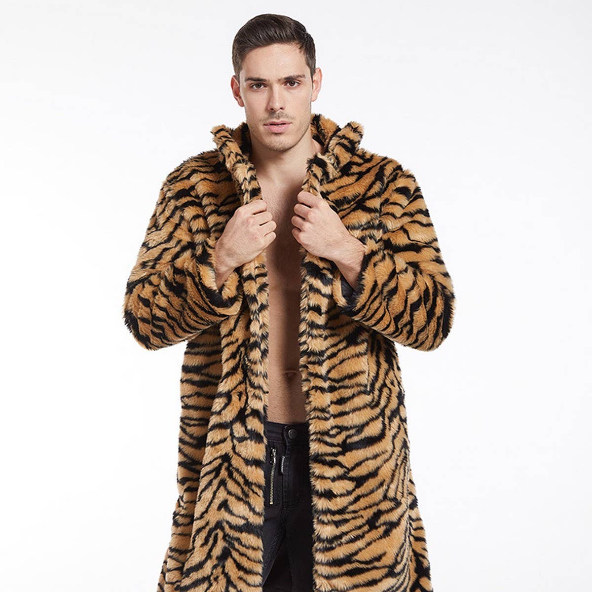 Men's Faux Fur Tiger Print Long Coat Plus Size