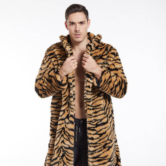Men's Faux Fur Tiger Print Long Coat Plus Size