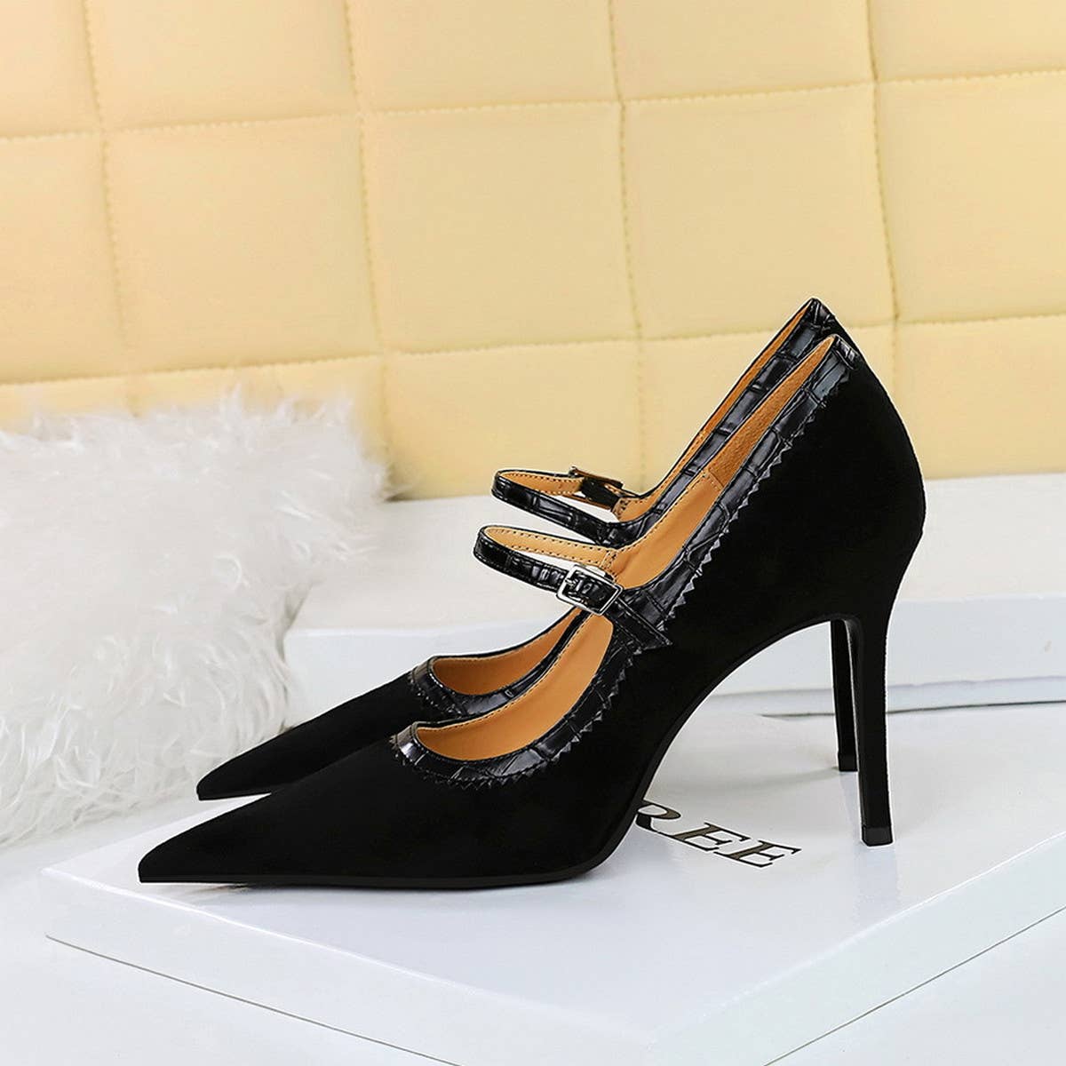 RETRO BLACK SUEDE SHALLOW POINTED TOE HIGH HEELS_CWSHH0111