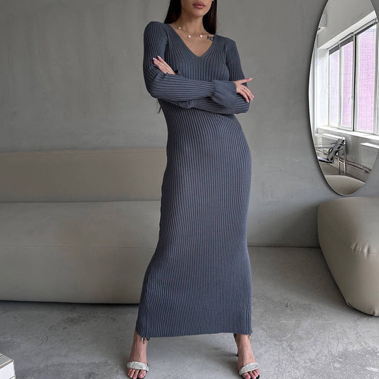 SOLID COLOR PIT STRIP LONG KNIT SLIM-FIT DRESS