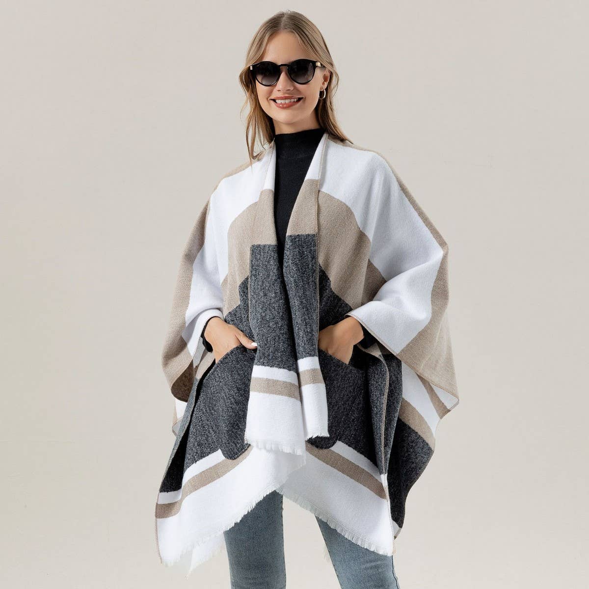 COLORBLOCKED AND BARRED CAPE WITH OUTER CAPE