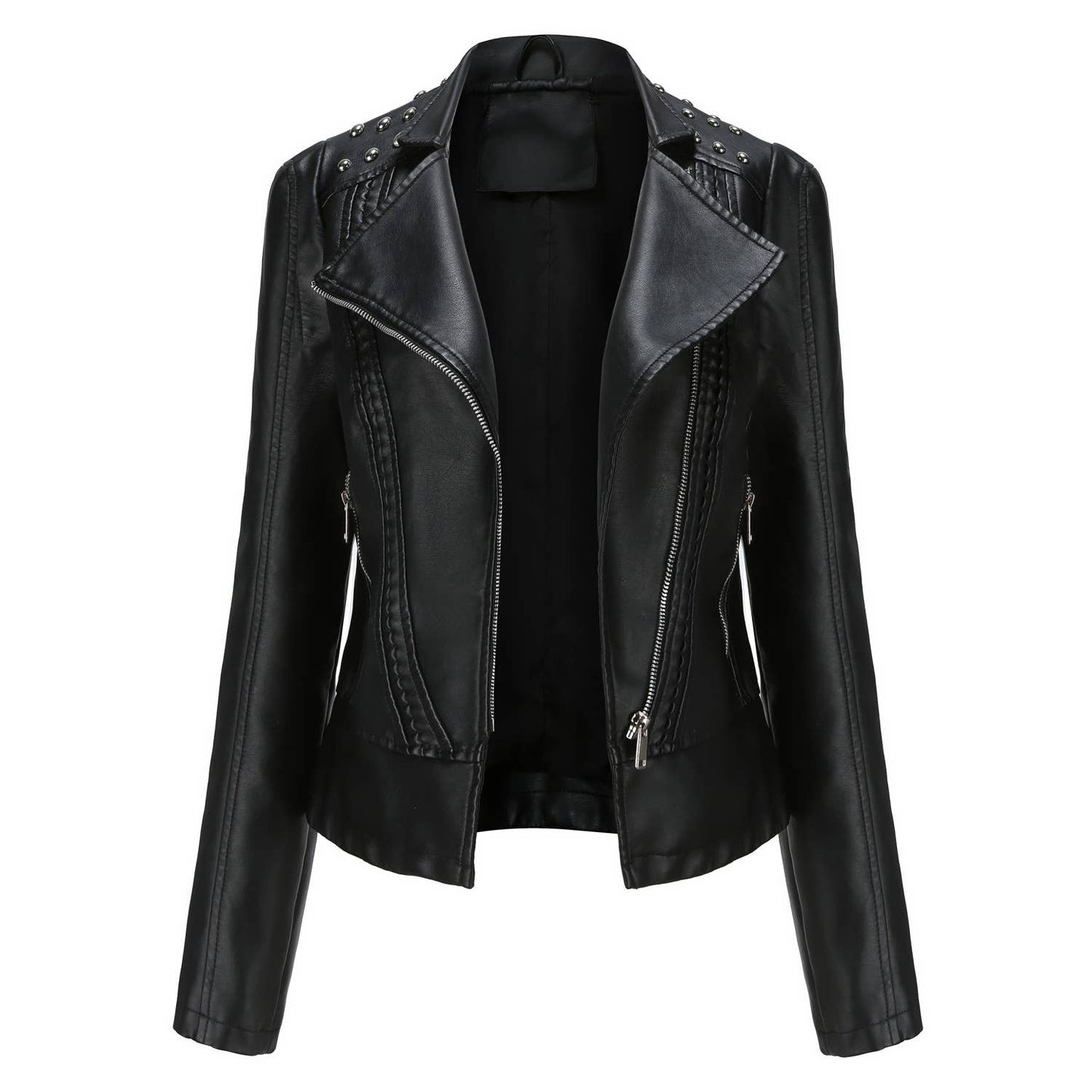 Thin beaded leather biker jacket with lapel