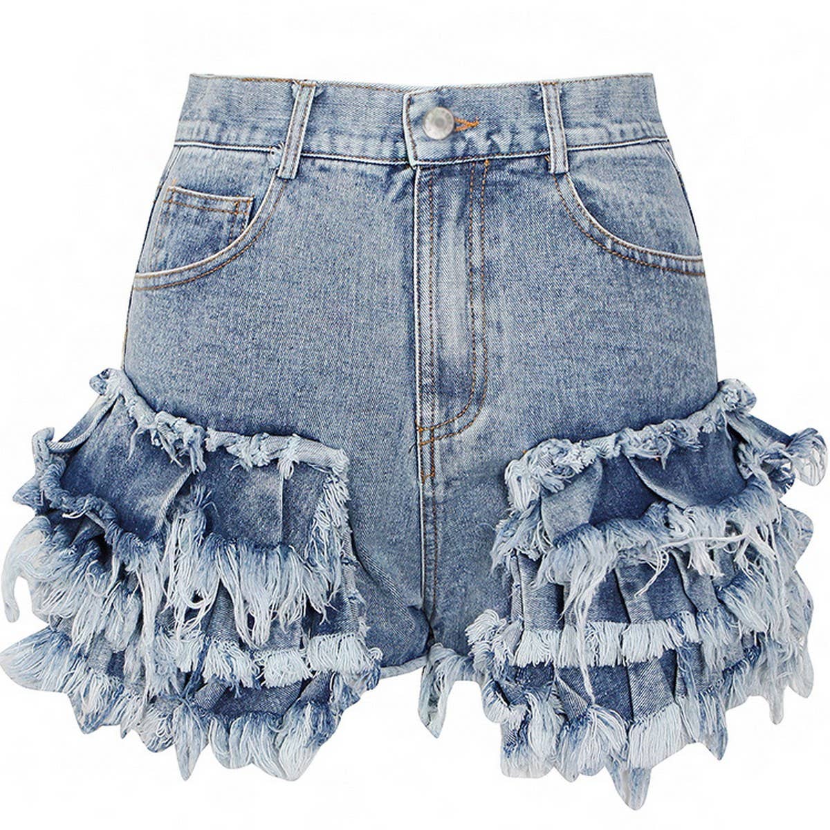 TRENDY BRUSHED TASSEL HIGH WAISTED DENIM SHORTS_CWJS0090