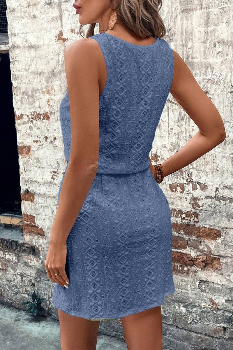 CWDMD4645_SQUARE NECK DRAWSTRING SLEEVELESS DRESS