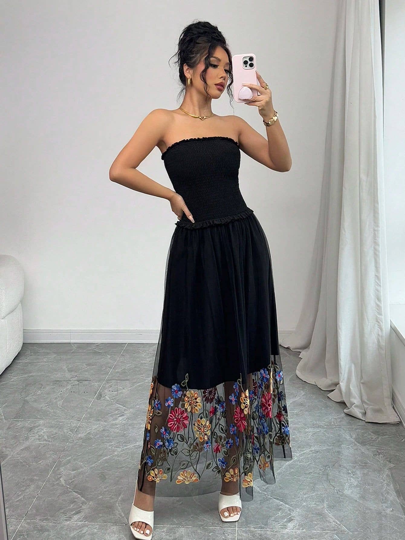 Sexy floral embroidered strapless long dress