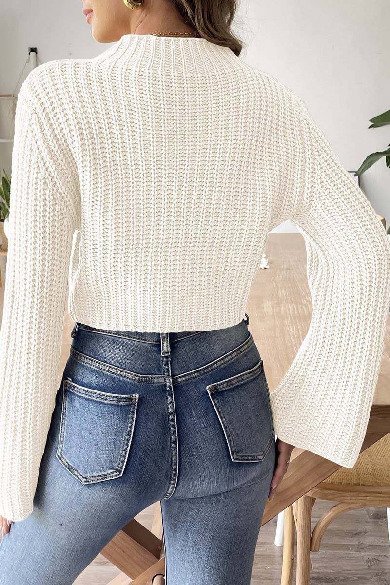 CWOSWL07329_WOMEN CROPPED TURTLENECK BELL SLEEVE SWEATER